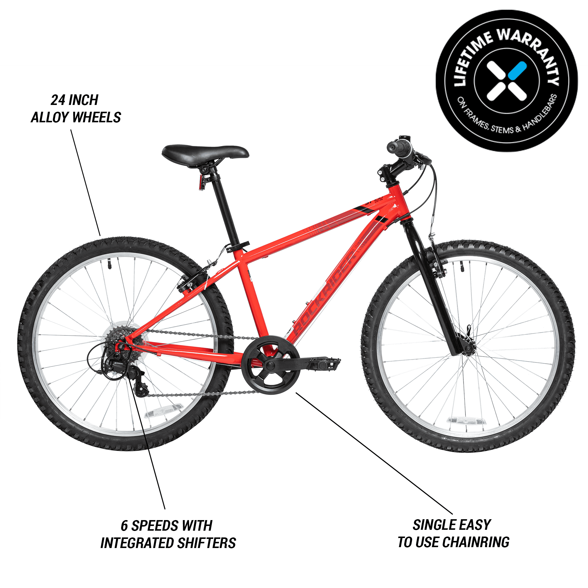 Decathlon Rockrider ST100. Aluminum Kids Mountain Bike. 24″. 4-5″ to 4-11”. Unisex. Red