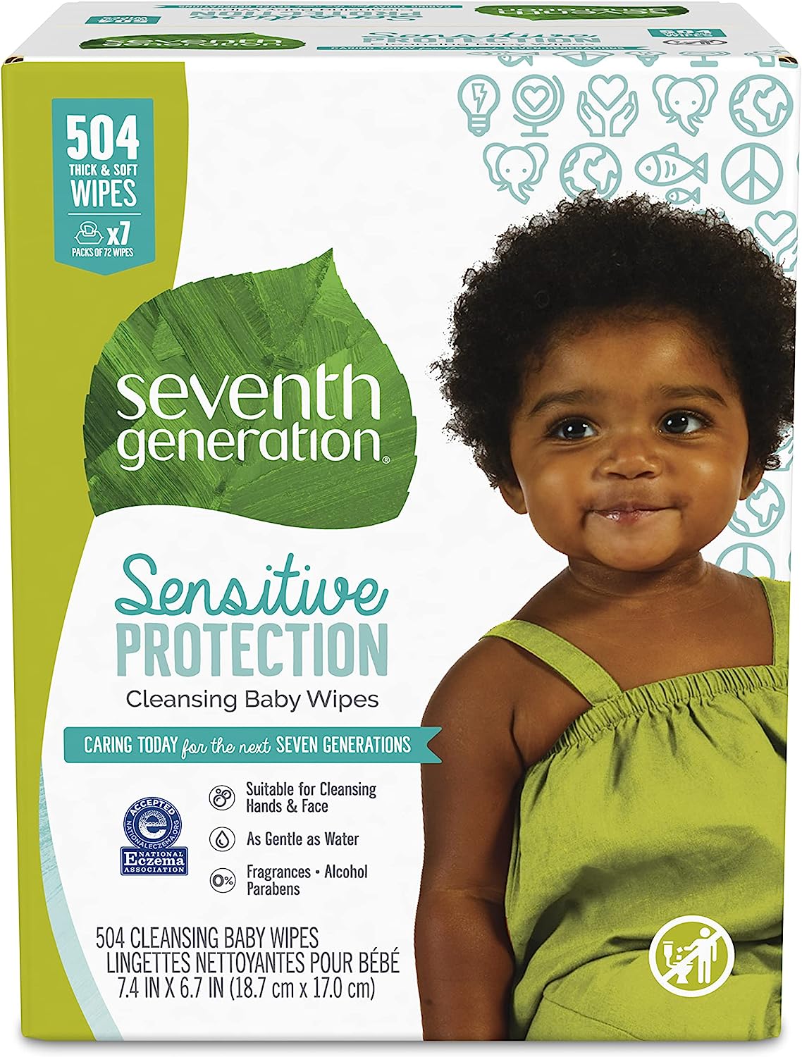 Seventh Generation Baby Wipes. Sensitive Protection with Flip Top Dispenser. White. unscented. 72 Count (Pack of 7) (Packaging May Vary)