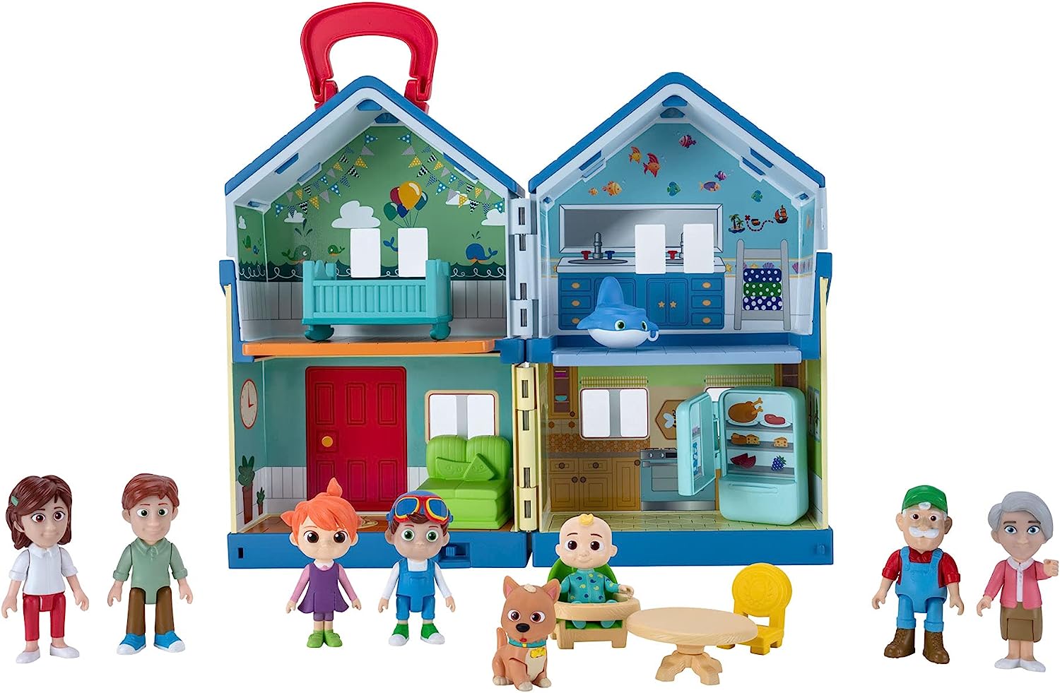 CoComelon Deluxe Family House Playset with Music and Sounds - Includes JJ. Family. Friends. Shark Potty. Crib. Sofa. Chair. High Chair. Dining Room Table. Fridge. Activity Sheet