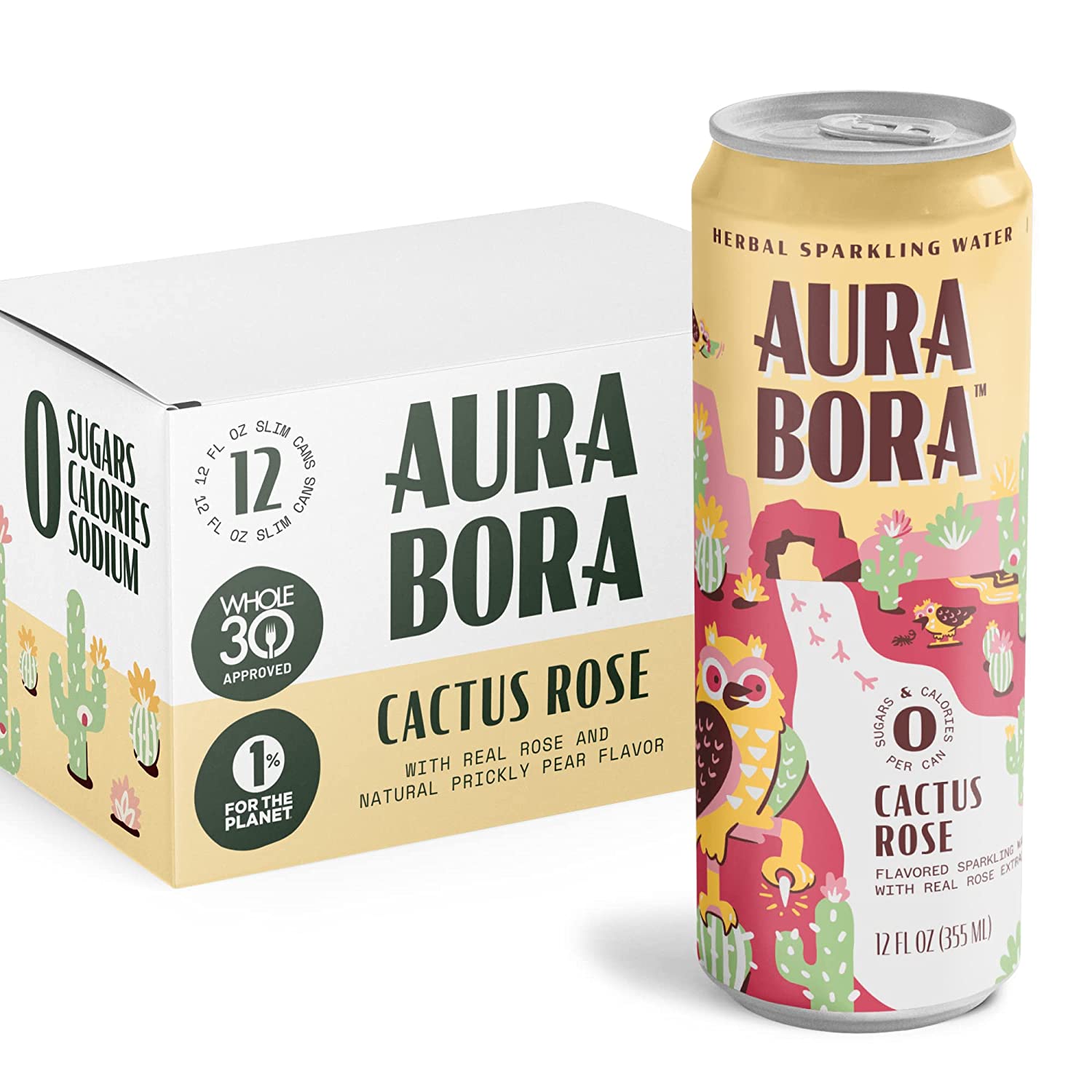 Cactus Rose Herbal Sparkling Water by Aura Bora 12 oz Can (Pack of 12). 0 Calories. 0 Sugar. 0 Sodium. Non-GMO