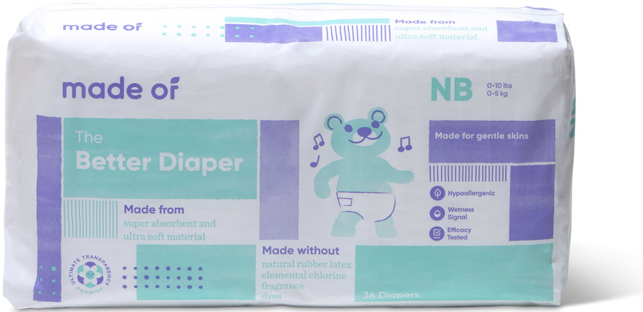 MADE OF Better Baby Diaper - No Dyes. No Chlorine. Non-Toxic - Size Newborn (4-Pack - 144 count)