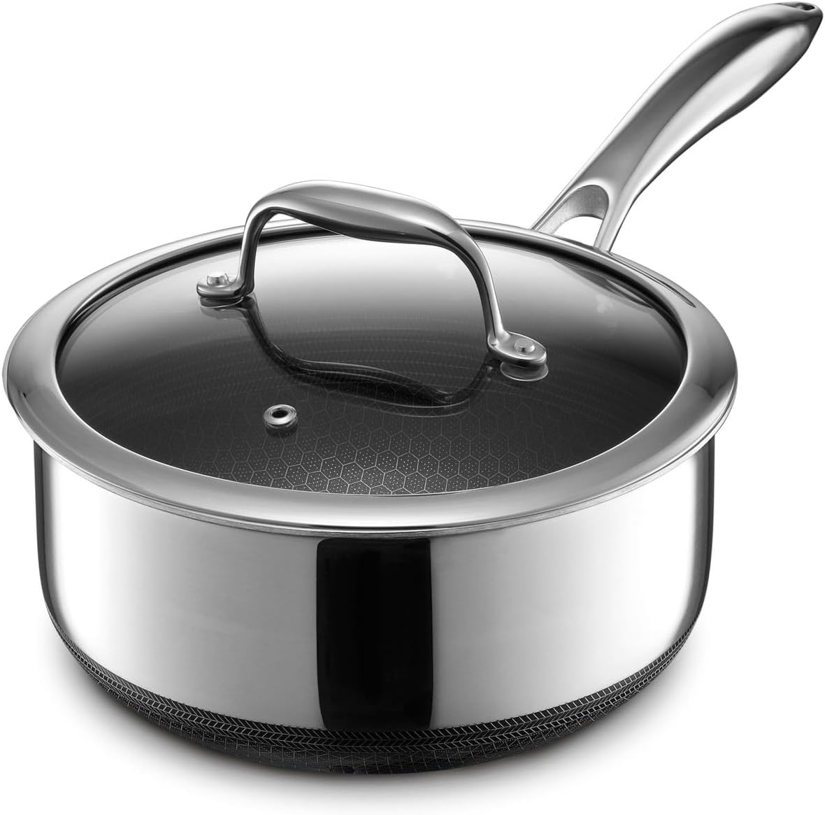 HexClad 3 Quart Hybrid Nonstick Saucepan and Lid. Dishwasher and Oven Friendly. Compatible with All Cooktops