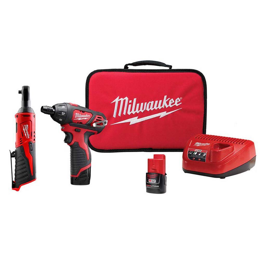 Milwaukee 2401-22-2456-20 M12 12V Lithium-Ion Cordless 1/4 in. Hex Screwdriver and 1/4 in. Ratchet Combo Kit (2-Tool)