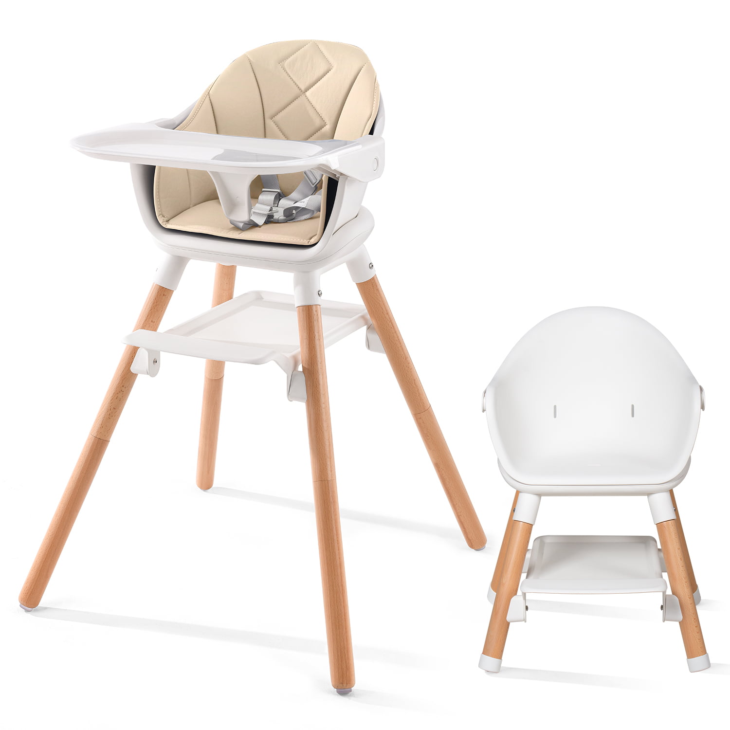 Beberoad Love Baby High Chair. 4 in 1 Wooden Highchair Convertible High Chair Booster Toddler Chair with Double Removable Tray. 5-Point Harness & PU Cushion for Babies Infants Toddlers White