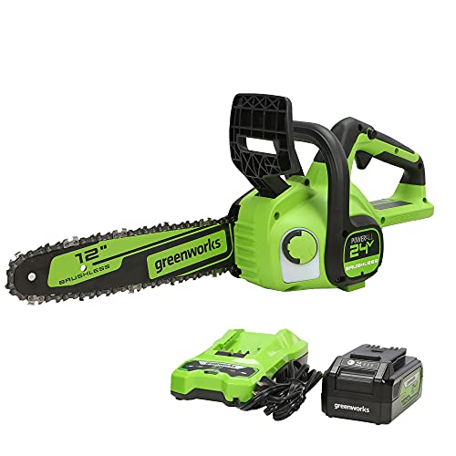 Greenworks 24V 12-inch Brushless Chainsaw with 4.0 Ah Battery and Charger. 2016602