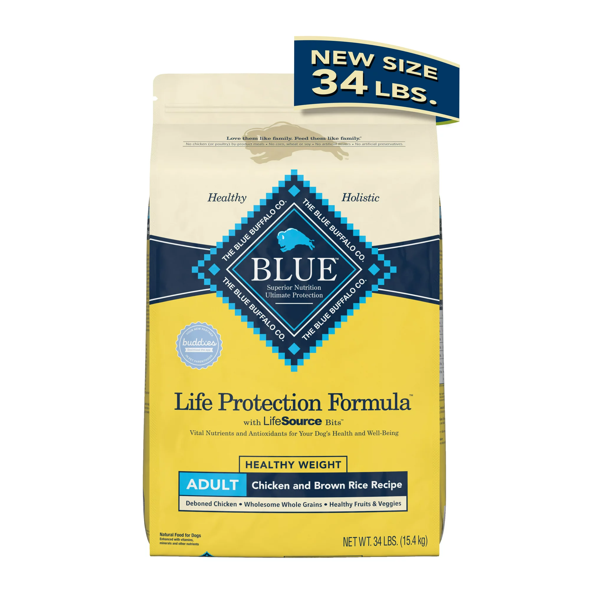 Blue Buffalo Life Protection Formula Chicken and Brown Rice Healthy Weight Dry Dog Food for Adult Dogs Whole Grain 34 lb. Bag