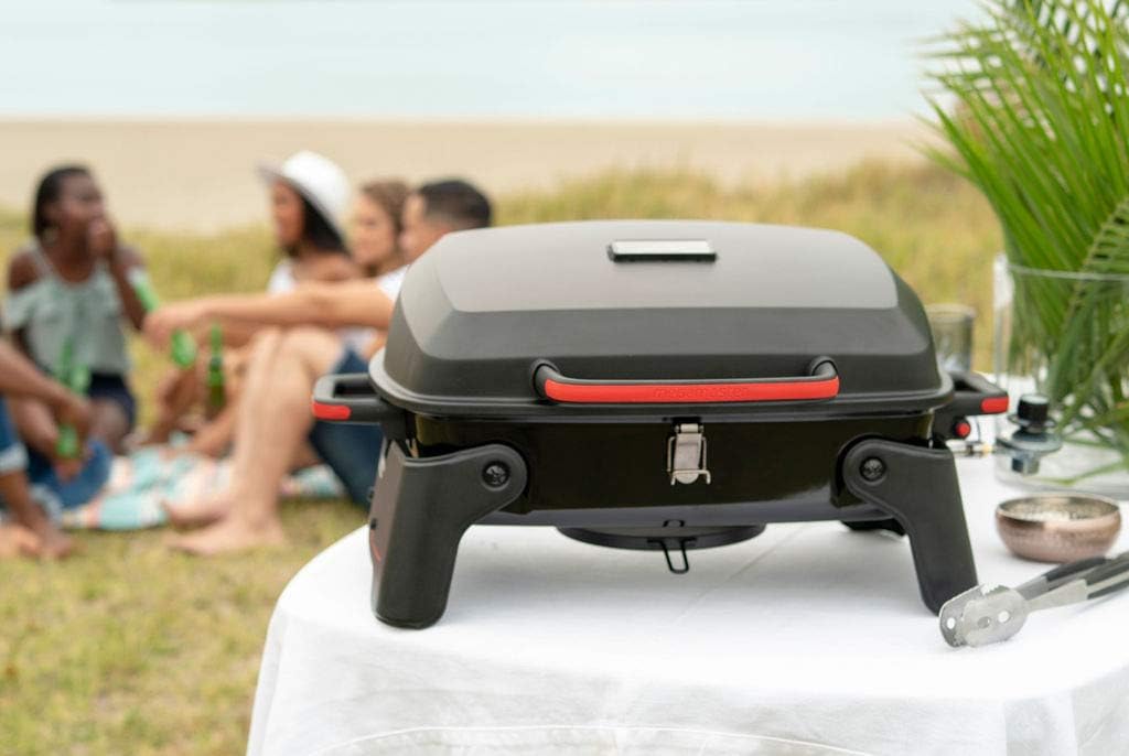 Megamaster 820-0065C 1 Burner Portable Gas Grill for Camping. Outdoor Cooking . Outdoor Kitchen. Patio. Garden. Barbecue with Two Foldable legs. Red + Black