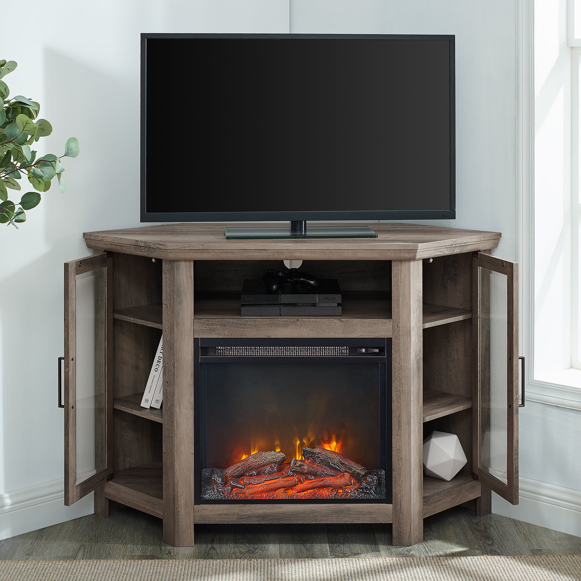 Walker Edison Corner Fireplace TV Stand for TVs up to 50″. Grey Wash