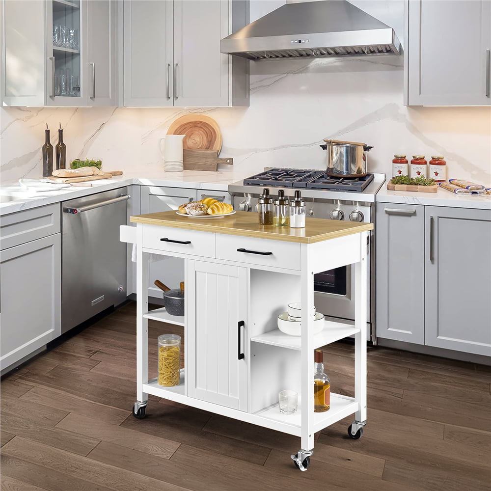 Easyfashion Mobile Kitchen Island Kitchen Cart on Lockable Wheels With Storage. White