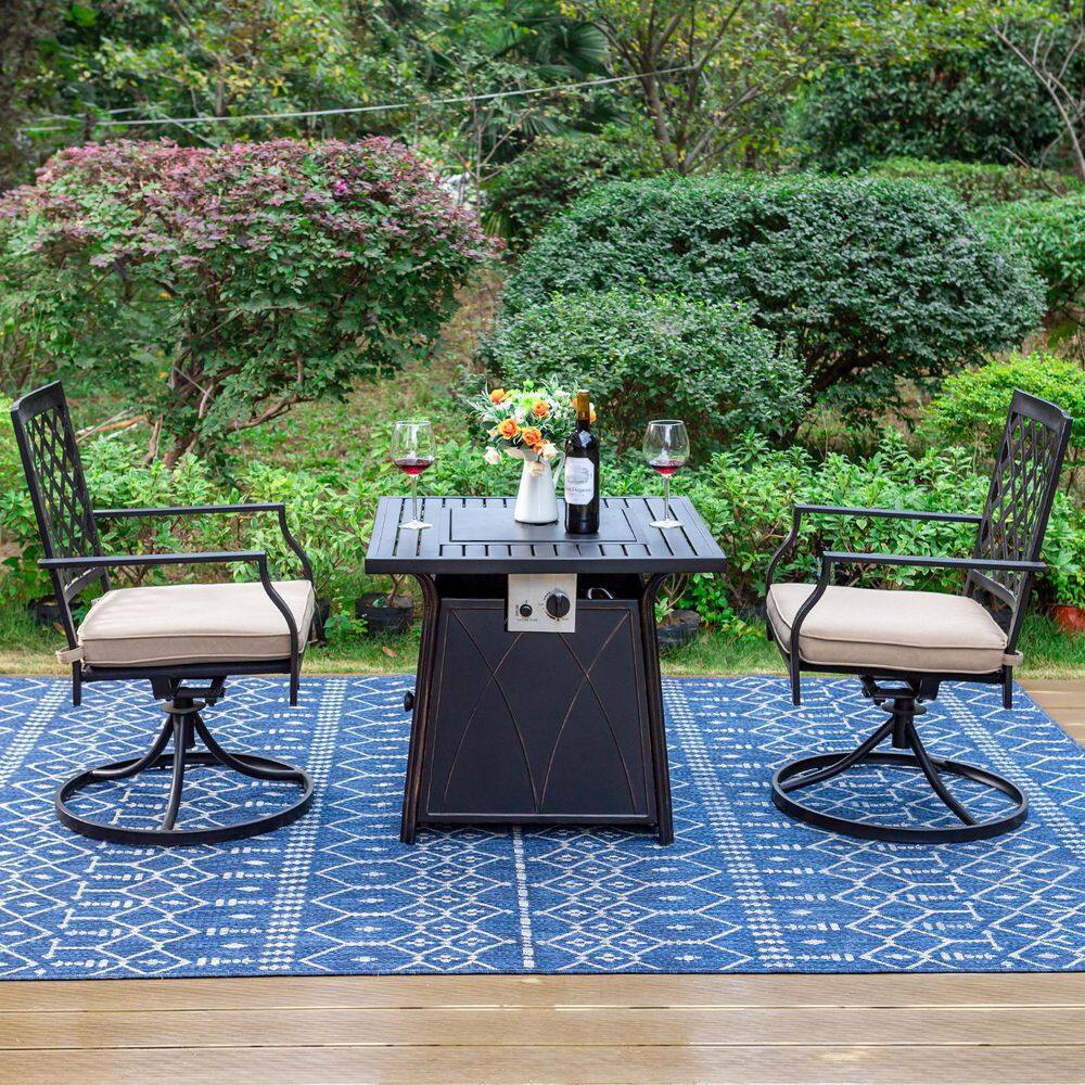 PHI VILLA  3-Piece Metal Patio Fire Pit Set. 2 Metal Back Swivel Rockers with Beige Cushion