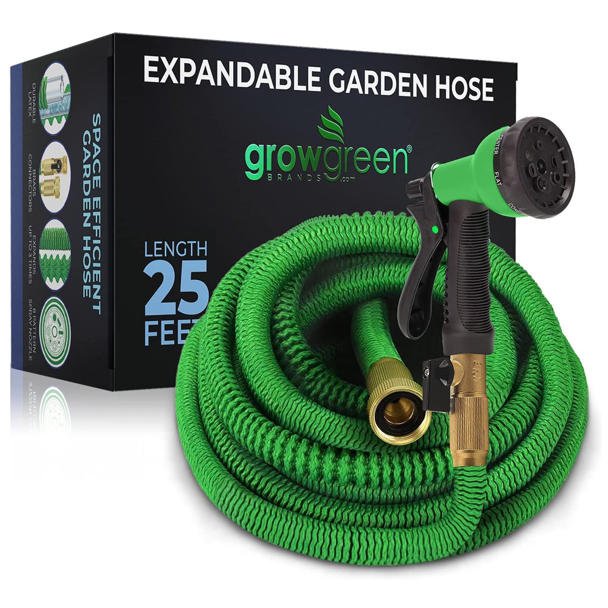 Grow Green Expandable Garden Hose with Double Latex Core Solid Brass Connectors. 25 ft. Green