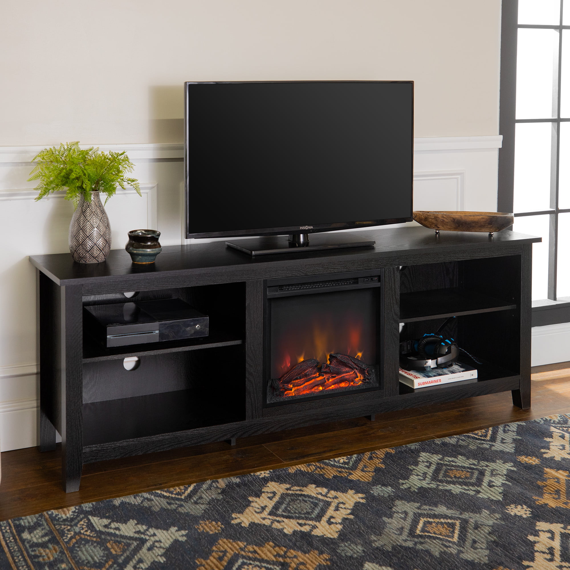Woven Paths Open Storage Fireplace TV Stand for TVs up to 80″. Black