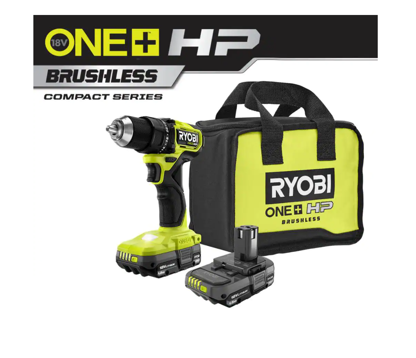 RYOBI PSBDD01K ONE+ HP 18V Brushless Cordless Compact 1/2 in. Drill/Driver Kit with (2) 1.5 Ah Batteries. Charger and Bag
