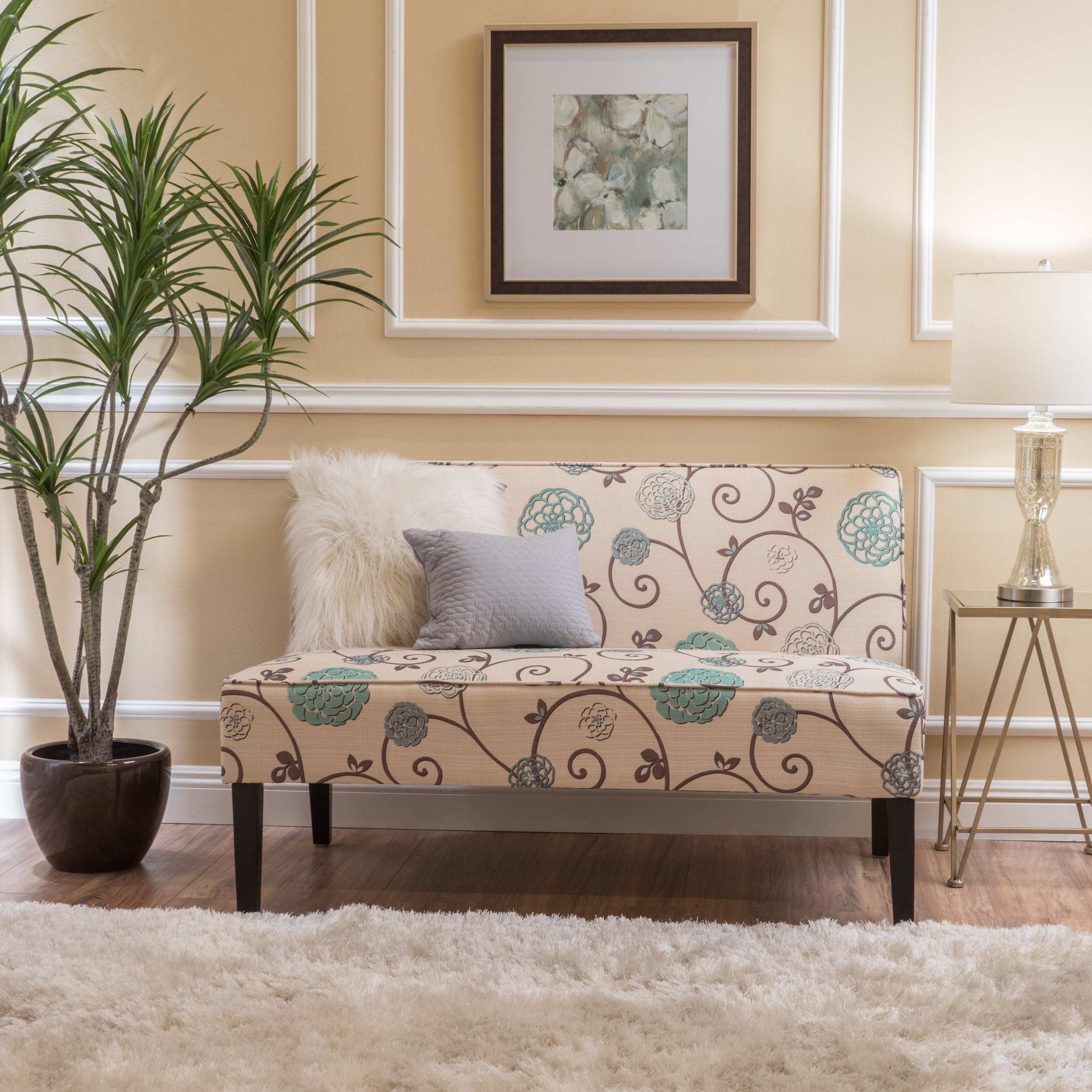 Noble House Darnell White and Blue Floral Fabric Armless Love Seat