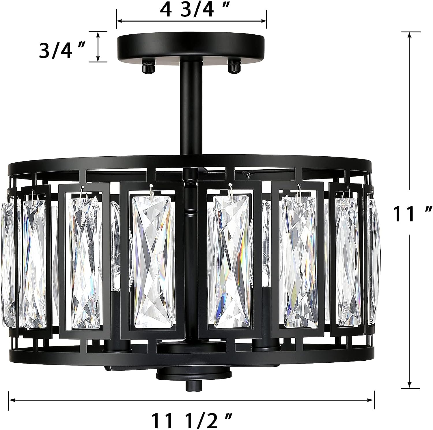 Giiland Modern Crystal Semi Flush Mount Ceiling Light Industrial Close to Ceiling Light Crystal Drum Shade Chandelier. 3-Light Black Ceiling Lamp for Dining Room Bedroom Kitchen Island Hallway Entryway