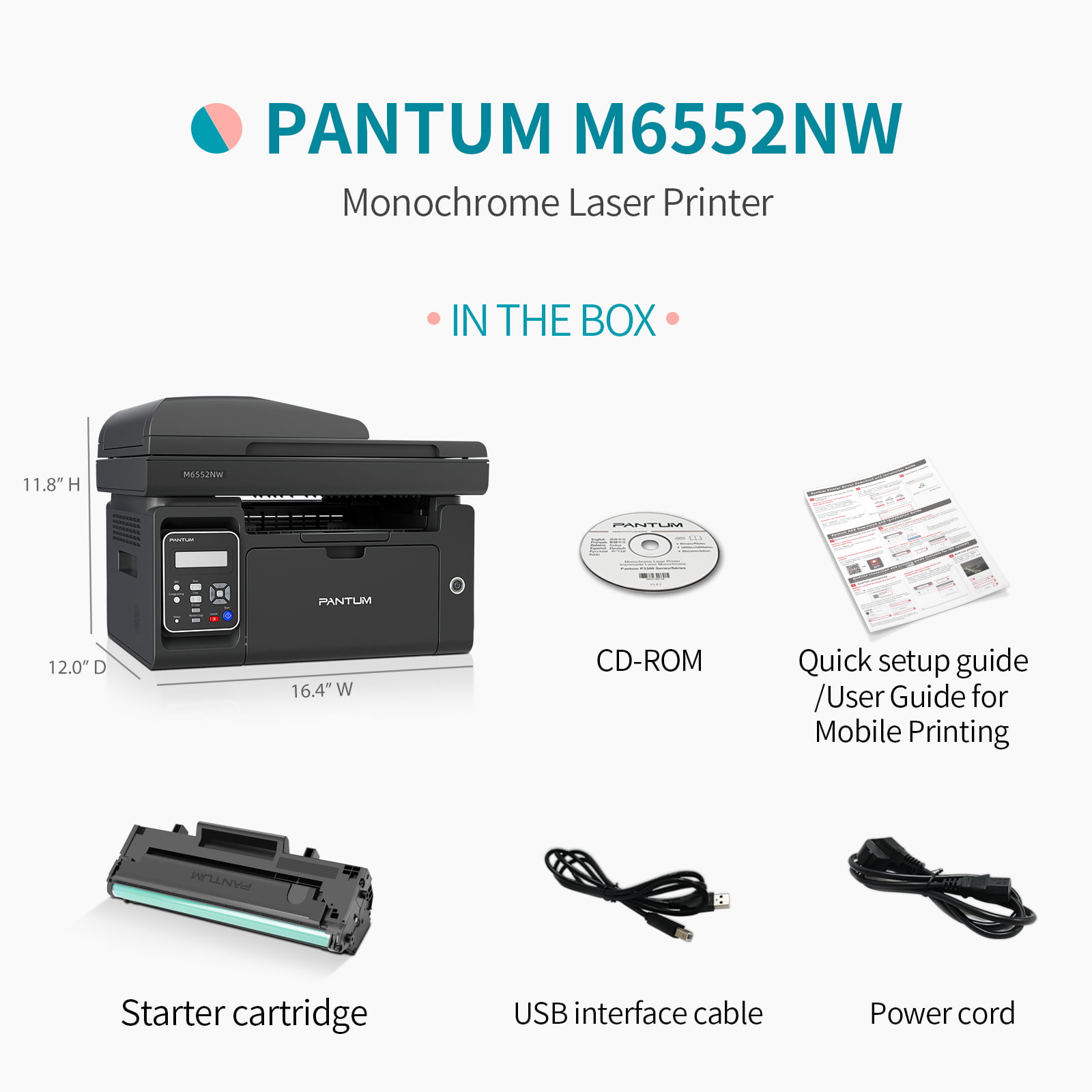 PANTUM M6552NW All-in-One Wireless Monochrome Laser Printer. Copier. Scanner with 35-Sheet ADF. Black and White. Mobile Printing