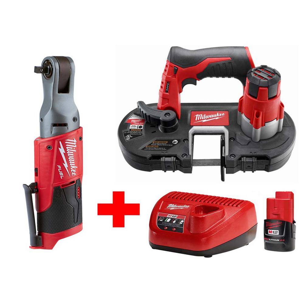 Milwaukee 2429-20-2557-20-48-59-2420 M12 12V Lithium-Ion Cordless Sub-Compact Band Saw and 3/8 in. Ratchet Combo Kit W/ (1) 2.0Ah Battery and Charger