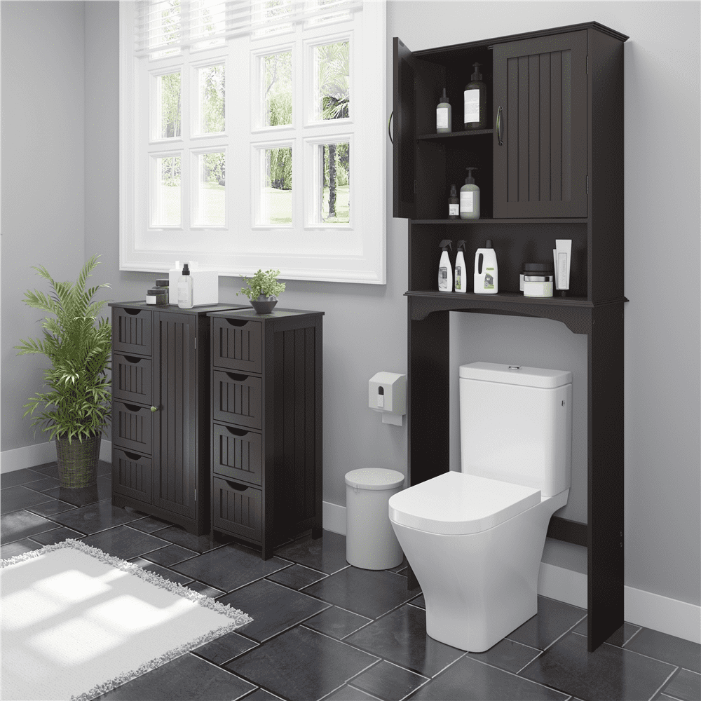 Alden Design Wooden Over the Toilet Bathroom Storage 3-Shelf. Espresso. 24.5″Lx9″Wx66”H