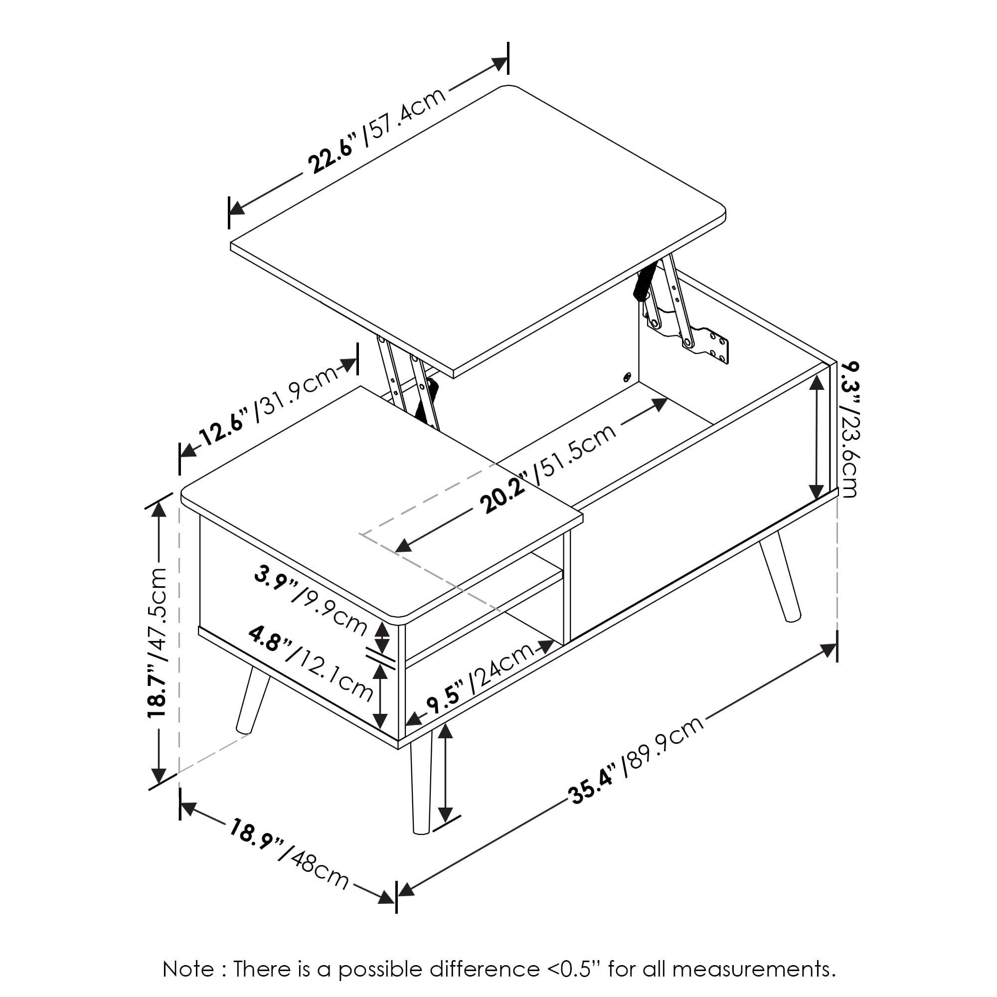Furinno Jensen Lift Top Coffee Table With Wooden Leg. Solid White