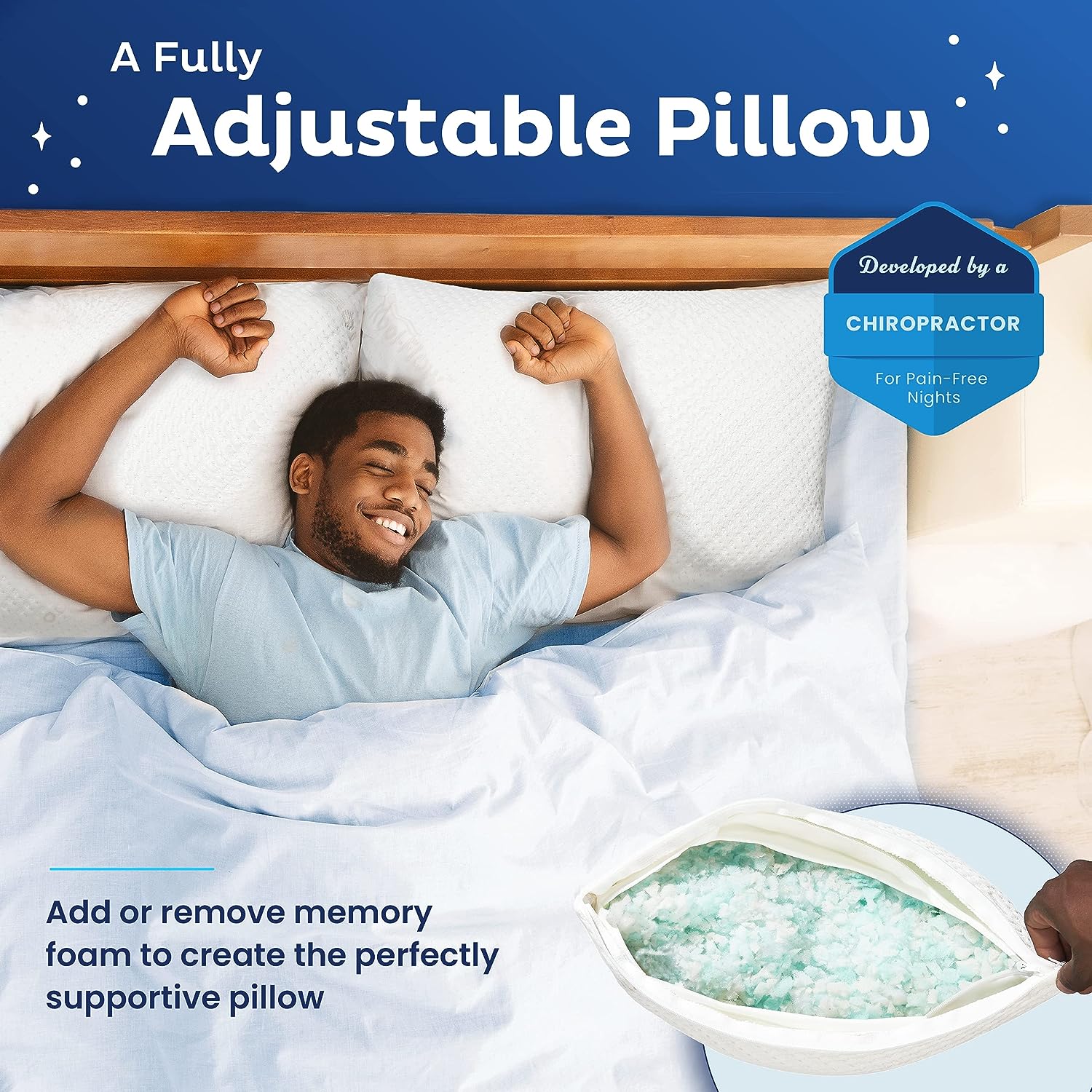 Snuggle-Pedic Adjustable Cooling - Shredded Memory Foam Pillows for Side. Stomach & Back Sleepers - Fluffy or Firm - Keeps Shape - College Dorm Room Essentials for Girls and Guys - Queen