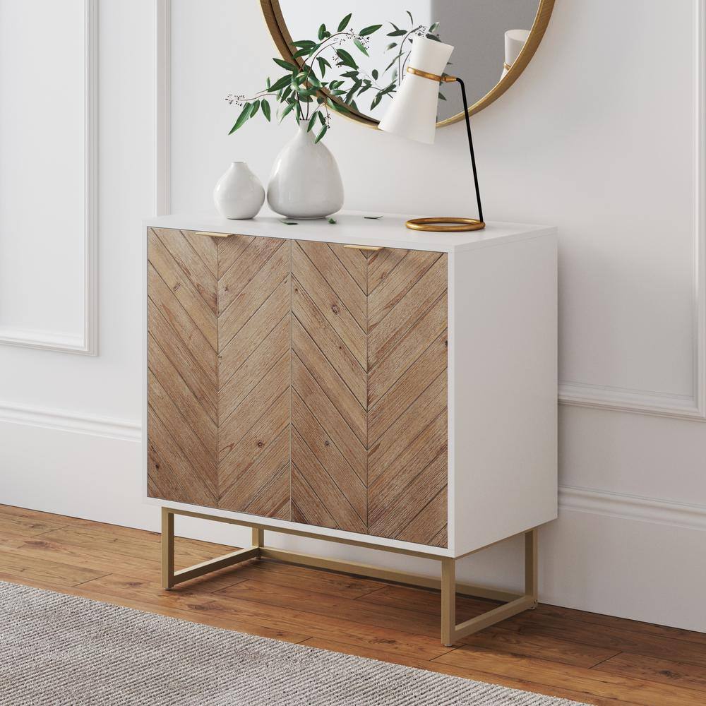 Nathan James  Enloe White Frame with Brown Rustic Doors and Gold Base Free Standing Modern Storage Cabinet for Entryway or Living Room