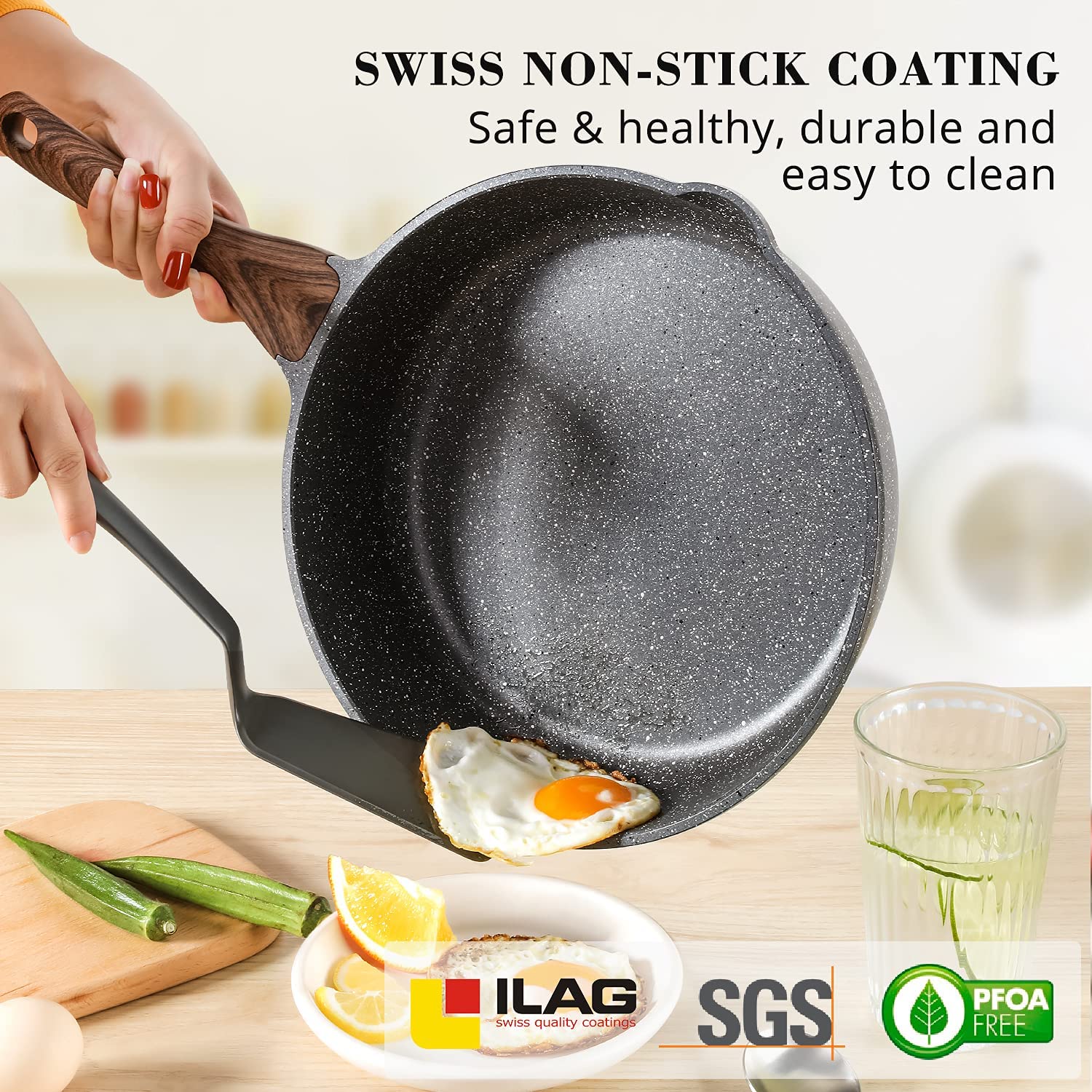 SENSARTE Nonstick Deep Frying Pan Skillet. 10-inch Saute Pan with Lid. Stay-cool Handle. Chef Pan Healthy Stone Cookware Cooking Pan. Induction Compatible. PFOA Free