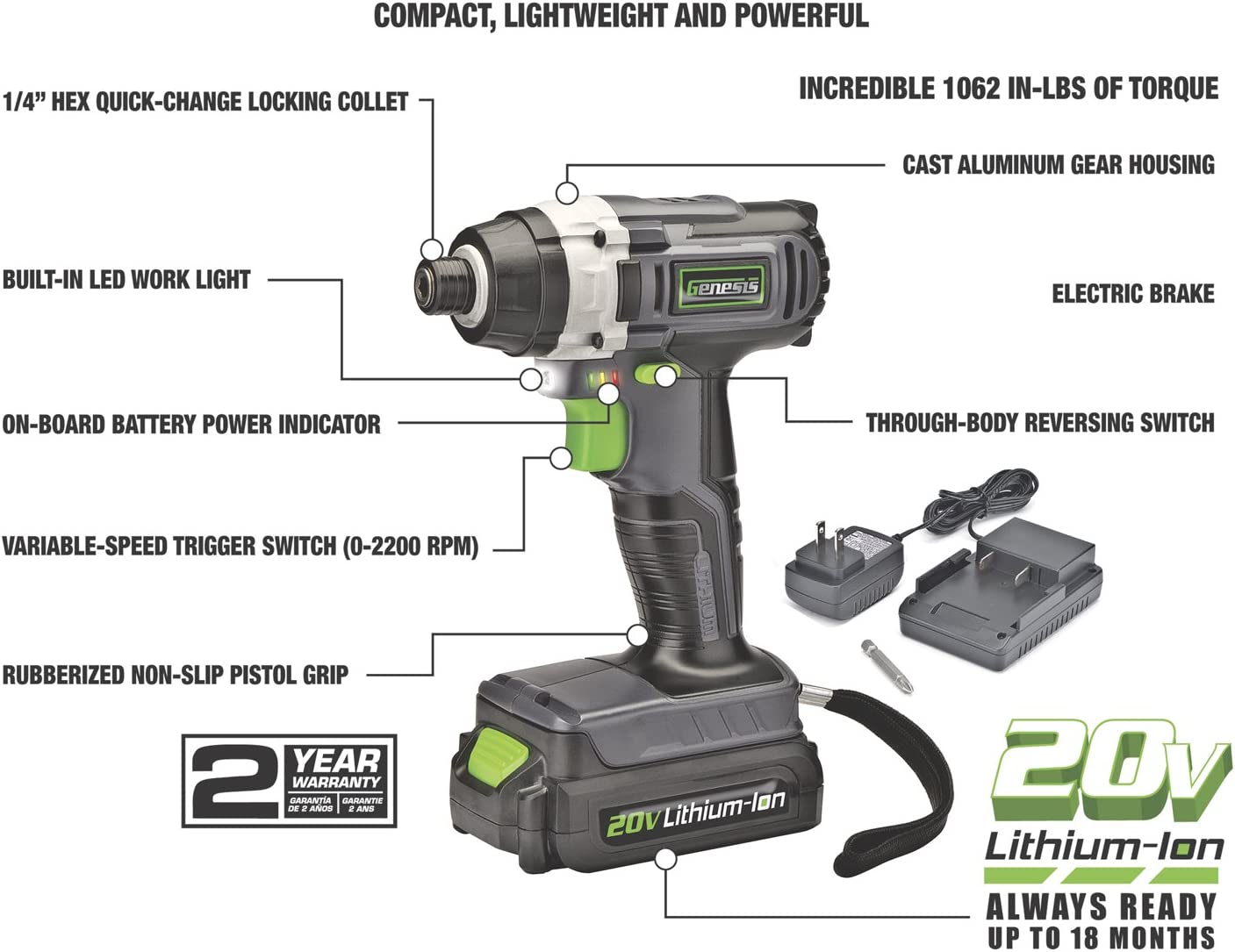 Genesis GLID20A 20 Volt Lithium-ion Battery-Powered Cordless Variable Speed Impact Driver with 1/4″ Collet . Built-In LED Work Light. 20V Battery. Charger and Screwdriver Bit