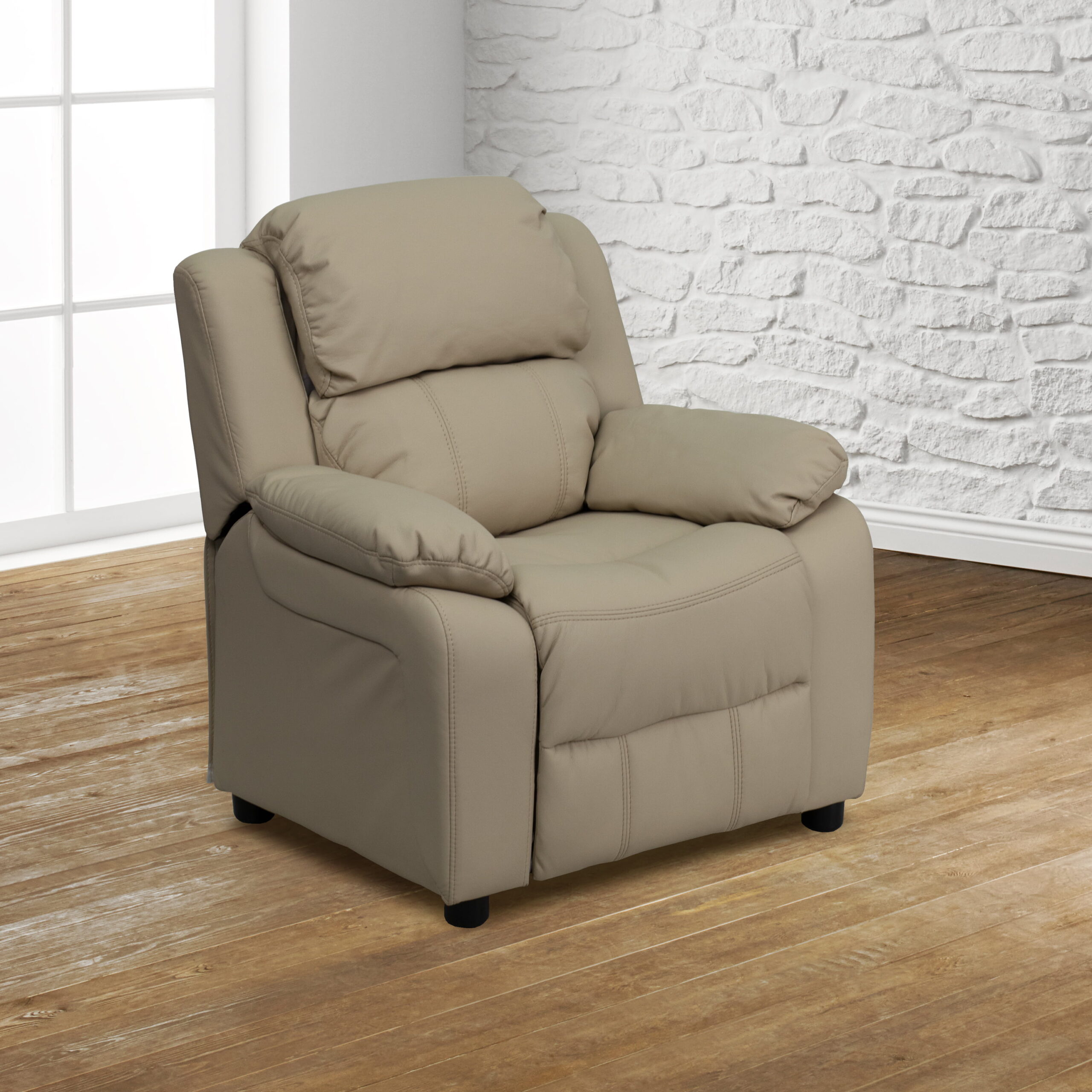 Flash Furniture Deluxe Padded Contemporary Beige Vinyl Kids Recliner with Storage Arms