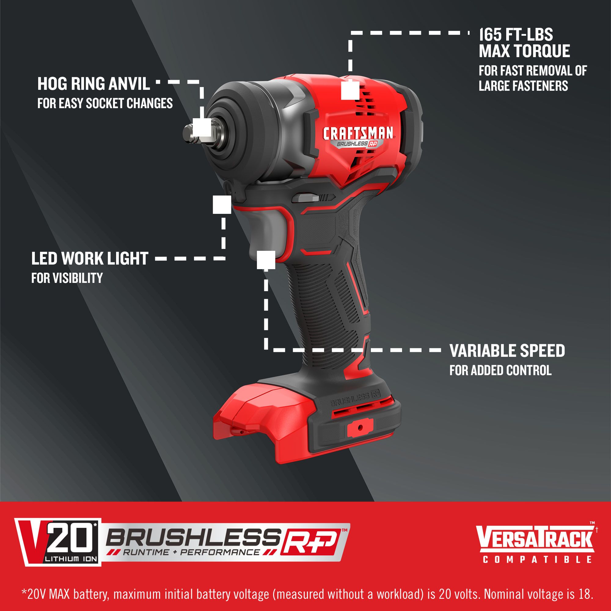 CRAFTSMAN V20 RP 20-volt Max Variable Speed Brushless 3/8-in Drive Cordless Impact Wrench (Tool only)