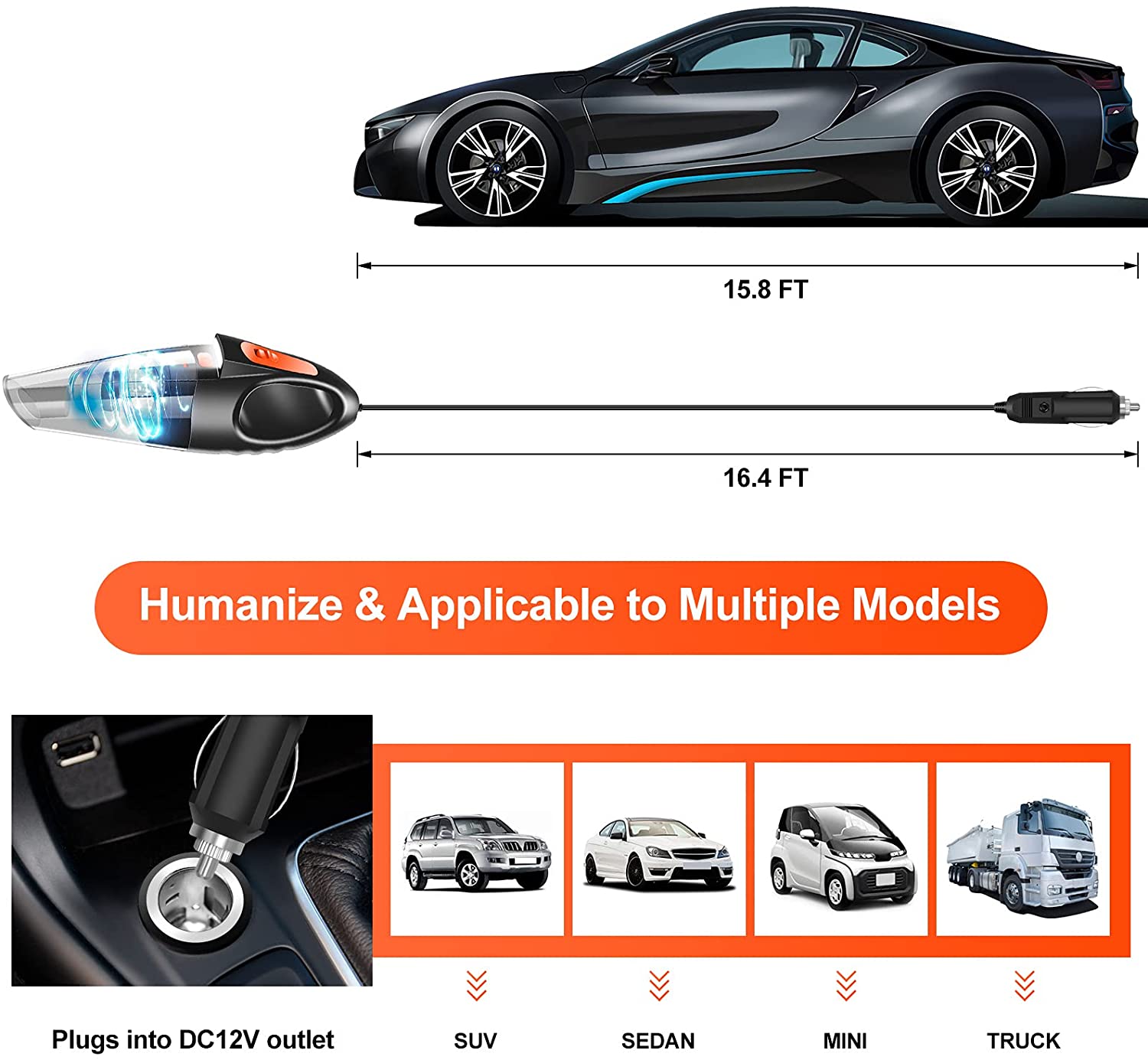Niecarva Car Vacuum. Handheld Vacuum Cleaner for Car with LED Light 16.4 Ft Cord