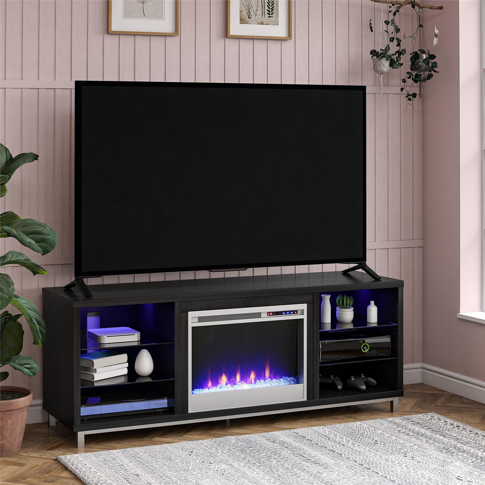 Ameriwood Home Lumina Fireplace TV Stand for TVs up to 70″. Black Oak