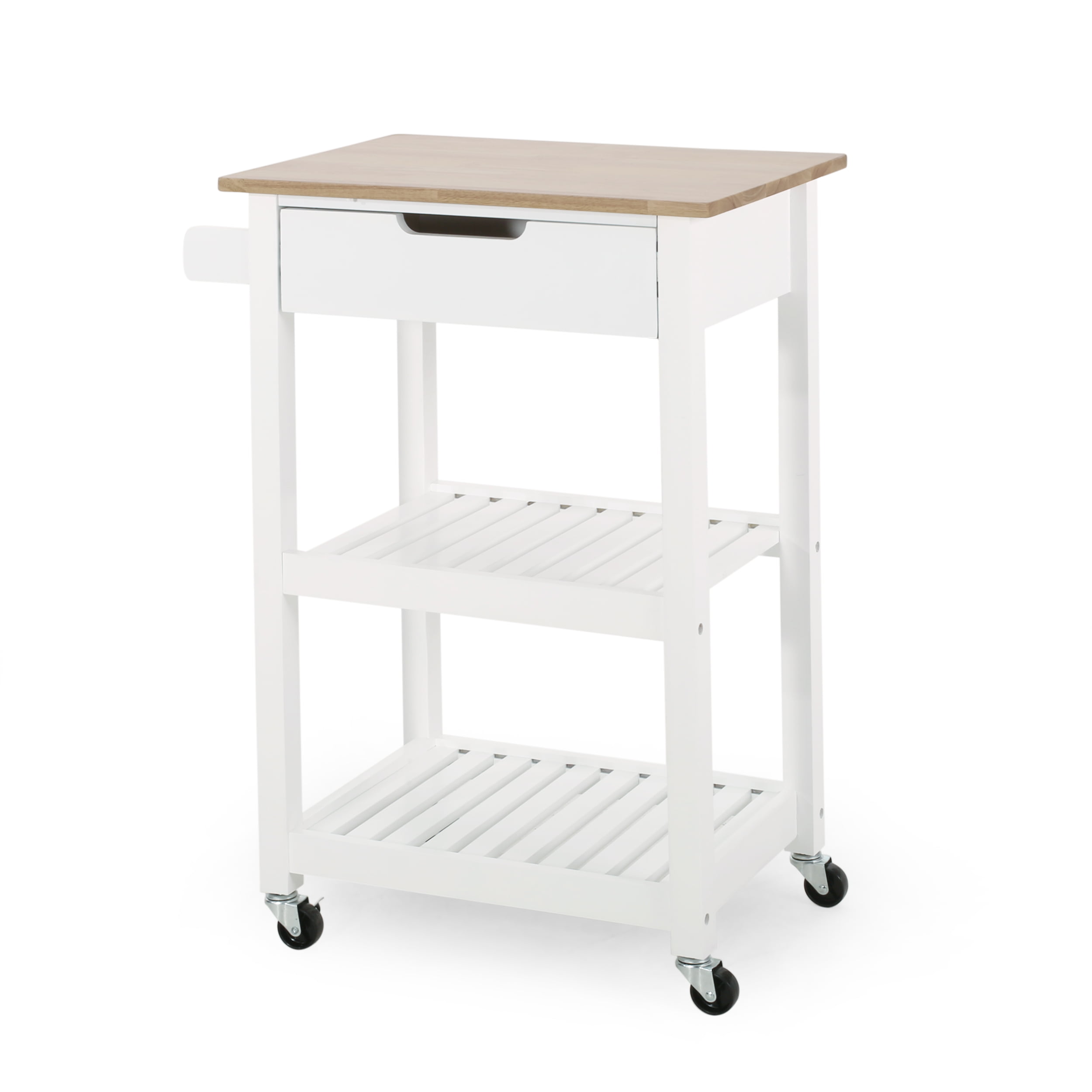 Noble House Treutlen Wood Kitchen Cart with Wheels. White and Natural