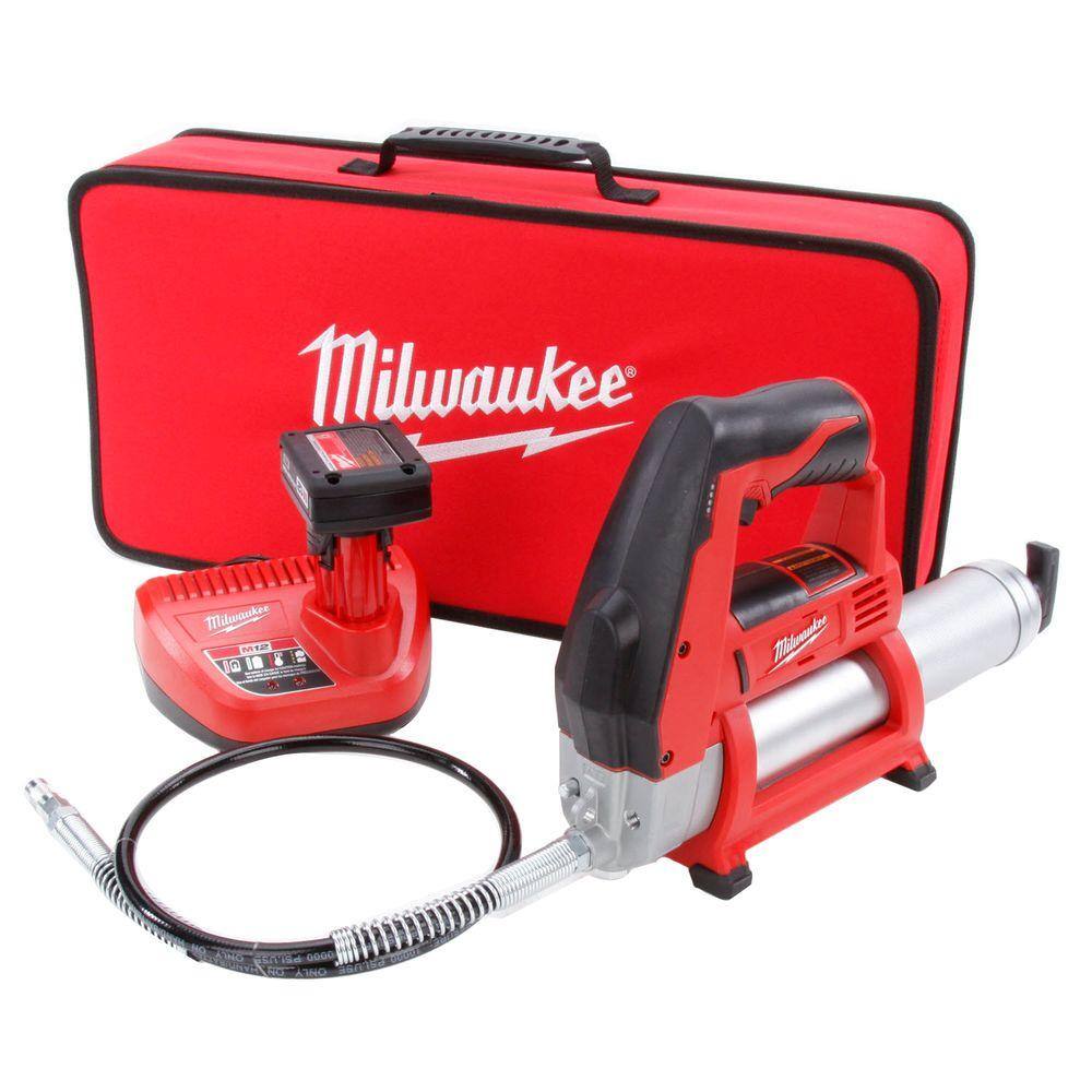 Milwaukee 2446-21XC M12 12V Lithium-Ion Cordless Grease Gun Kit with One 3.0 Ah Battery. Charger and Tool Bag