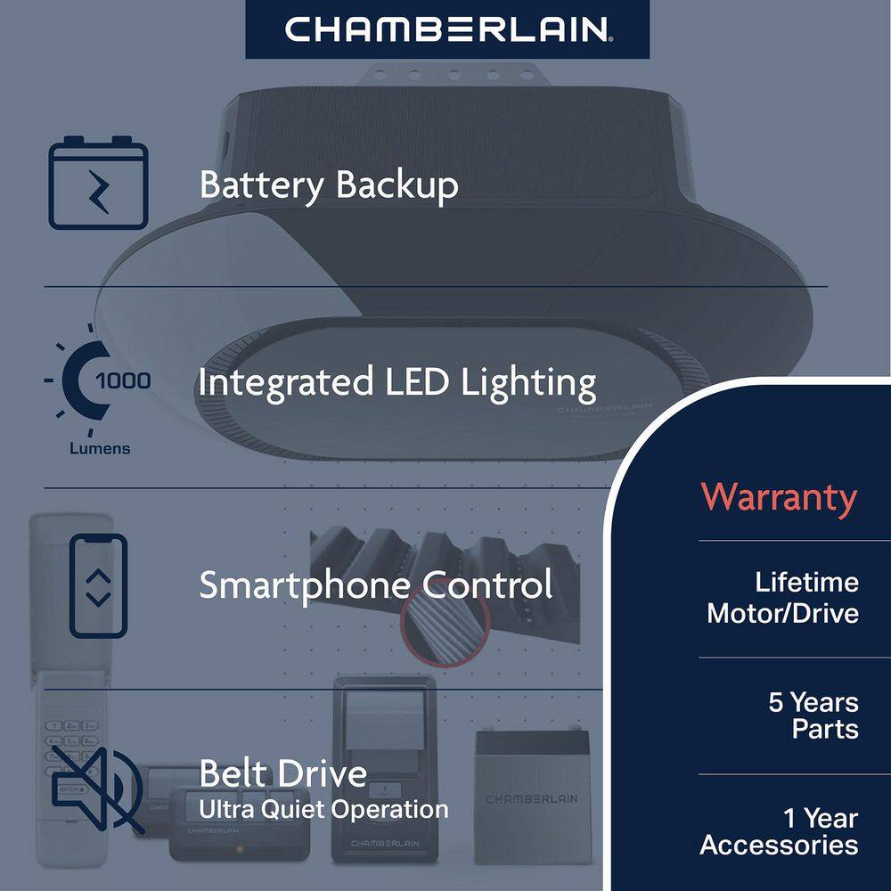 Chamberlain B4613T 3/4 HP LED Smart Quiet Belt Drive Garage Door Opener with Battery Backup