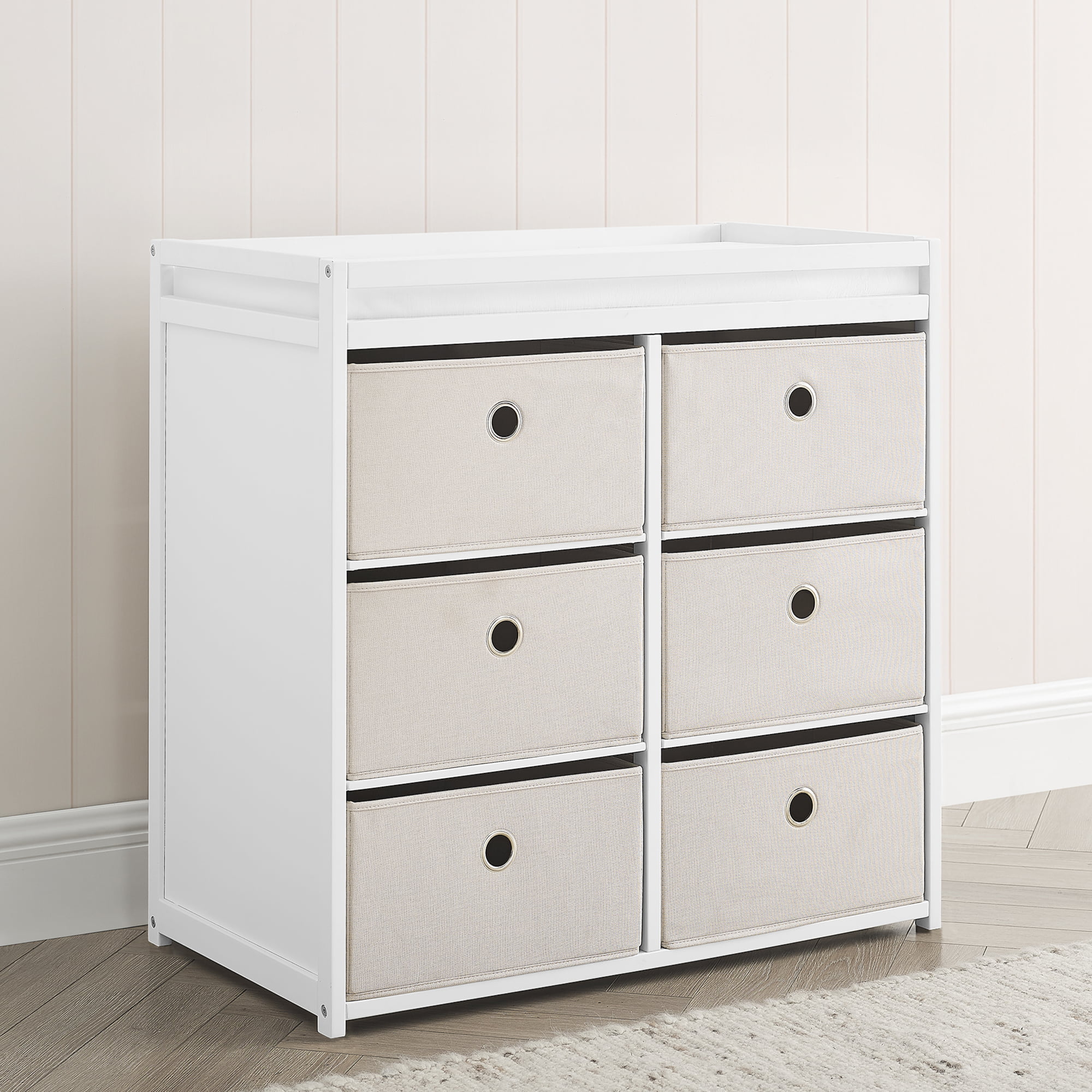 Delta Children Hayes Changing Table with Fabric Bins. Bianca White/Flax Bins