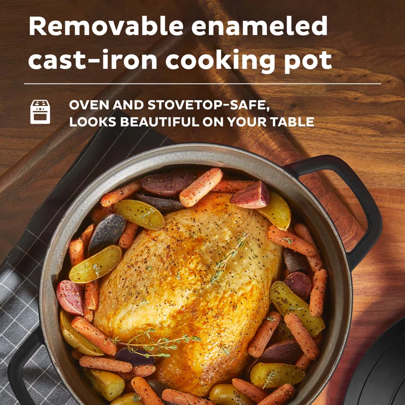 Instant 140-0051-01 Electric Round Dutch Oven. 6-Quart 1500W. From the Makers of Instant Pot. 5-in-1: Braise. Slow Cook. Sear/Sauté. Cooking Pan. Food Warmer. Enameled Cast Iron. Included Recipe Book. Black