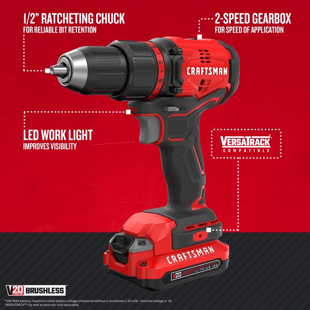 CRAFTSMAN V20 20-volt Max 1/2-in Brushless Cordless Drill(1 Li-ion Battery Included and Charger Included)