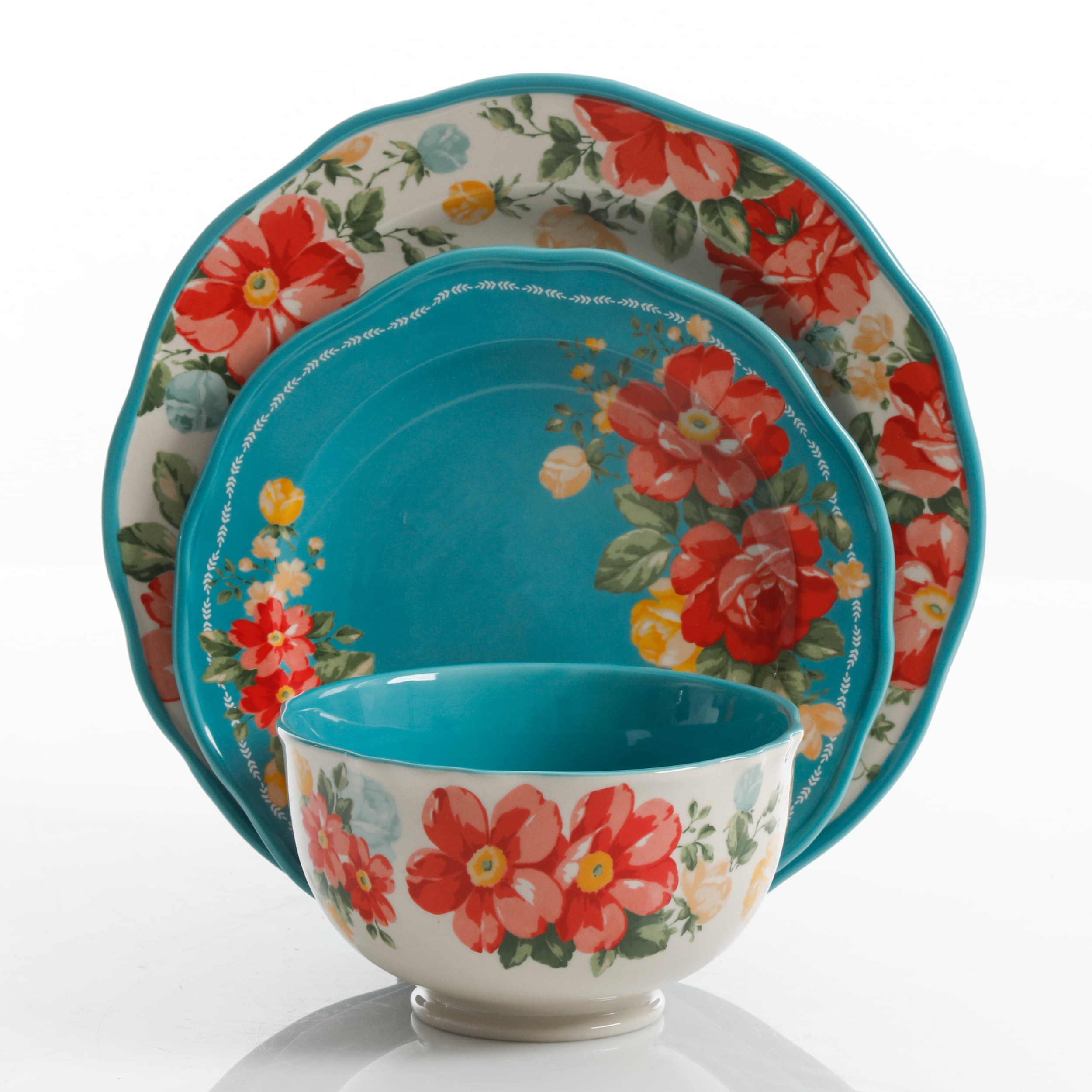 The Pioneer Woman Vintage Floral 12-Piece Dinnerware Set. Teal