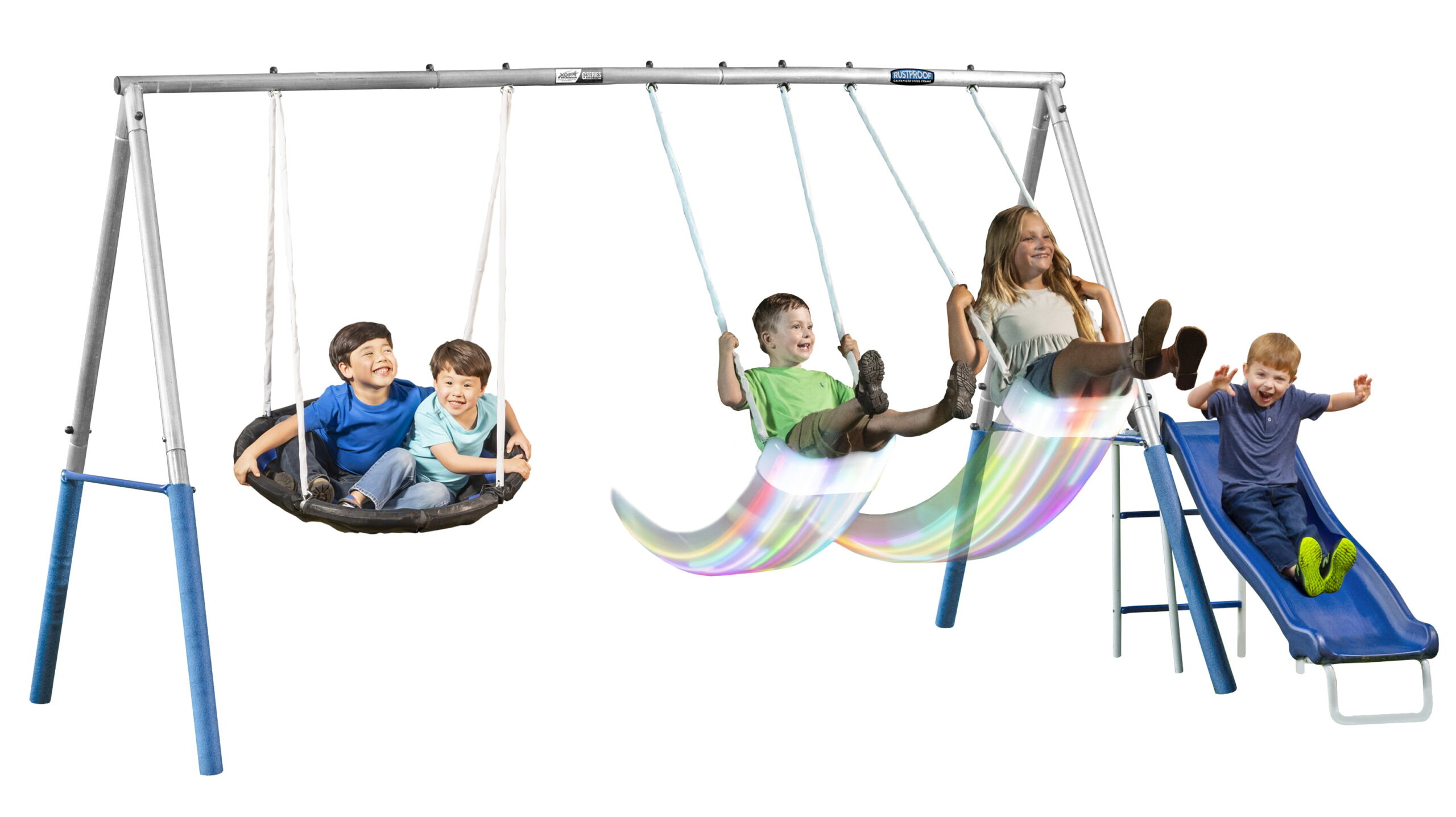 XDP Recreation Firefly™ Galvanized Steel Swing Set with Slide. 2 Firefly™ LED Swings and Super Disc™ Swing.