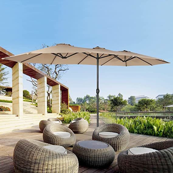 15 Ft Double-Sided Patio Umbrella Outdoor Market Umbrella with Crank. Umbrella Base Included (Beige)