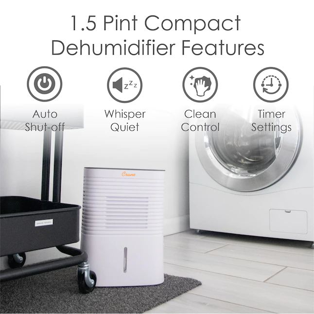 Crane  1.25-Pint 2-Speed Dehumidifier. Compact Portable Design. Effective Moisture Removal up to 300 Sq. Feet. 0.5 Gallon – 2 Liter Water Tank. White