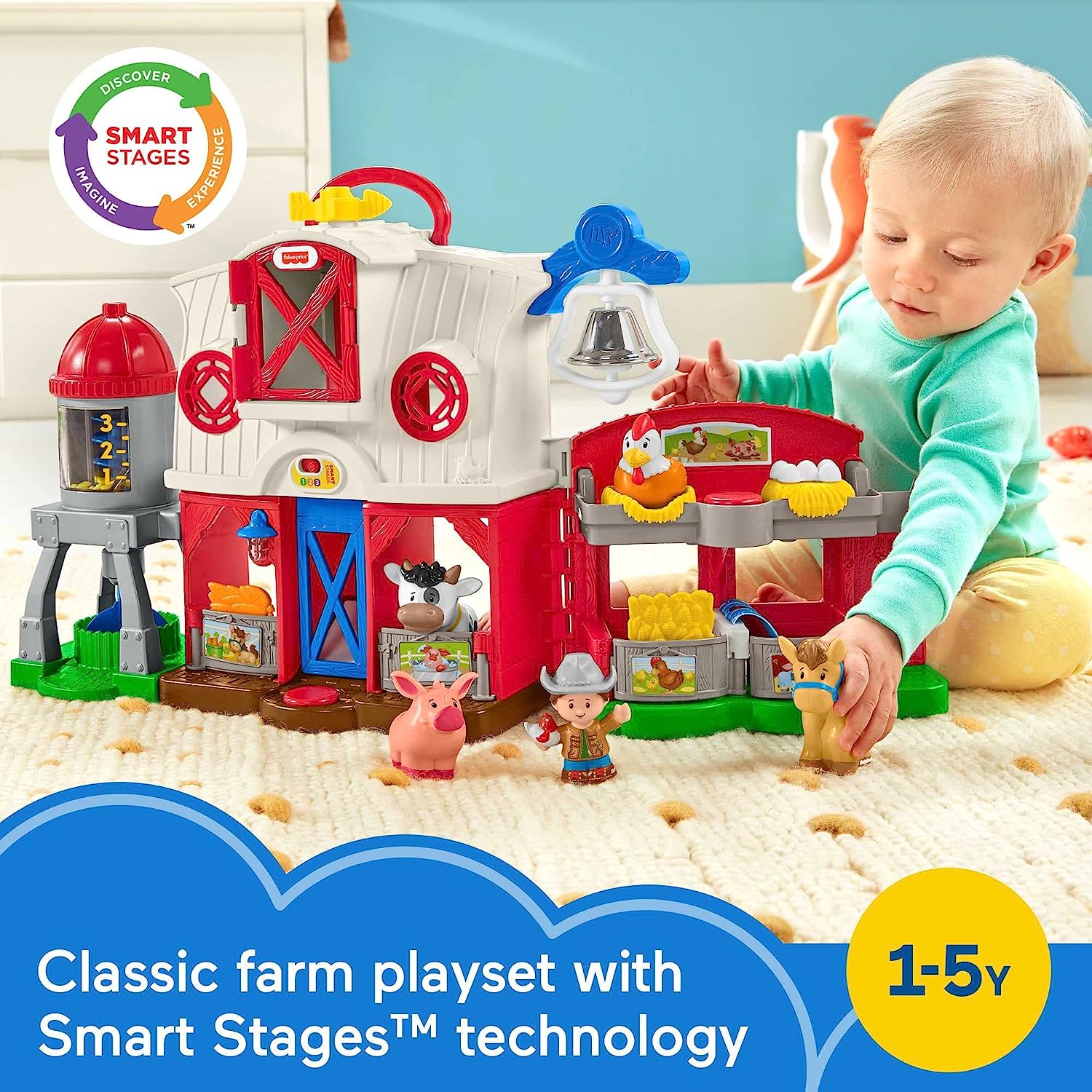Fisher-Price Little People Toddler Learning Toy Caring For Animals Farm Interactive Playset With Smart Stages For Ages 1+ Years