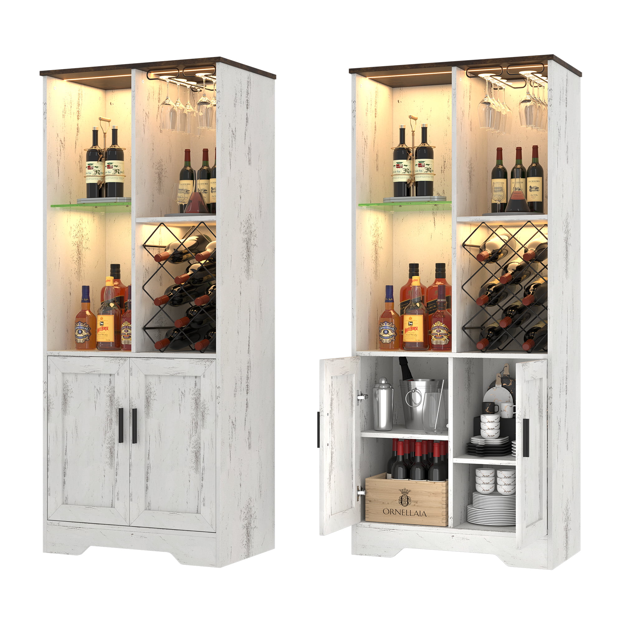 LVSOMT Wine Bar Cabinet with Wine Rack. Bar Display Cupboard with LED Lights. Wooden Wine Storage Cabinet with Open Adjustable Storage Shelves. Tall Liquor Cabniet for Living/Dining Room. White