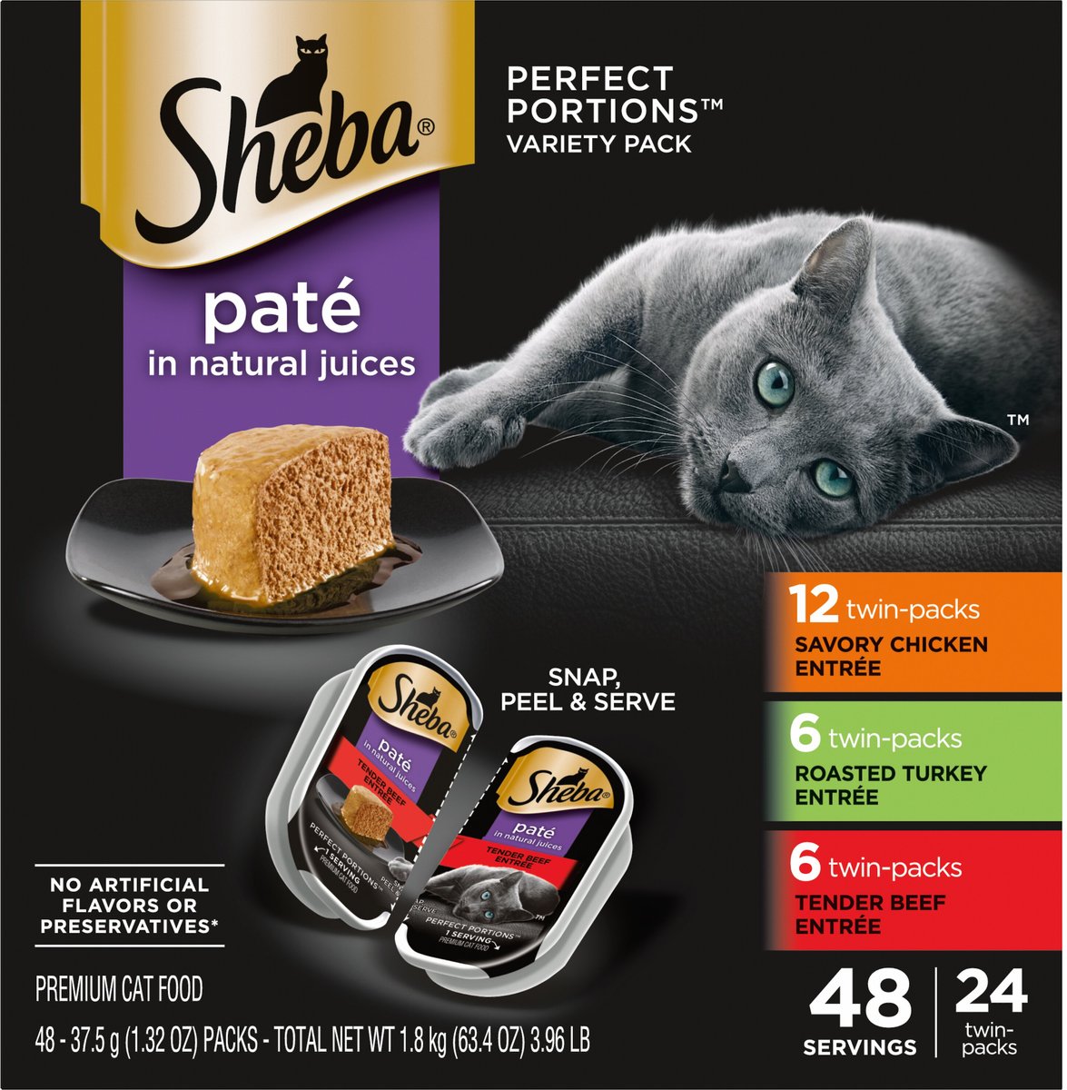 SHEBA Wet Cat Food Pate Variety Pack. Savory Chicken. Roasted Turkey. and Tender Beef Entrees. (24) 2.6 oz. PERFECT PORTIONS Twin Pack Trays