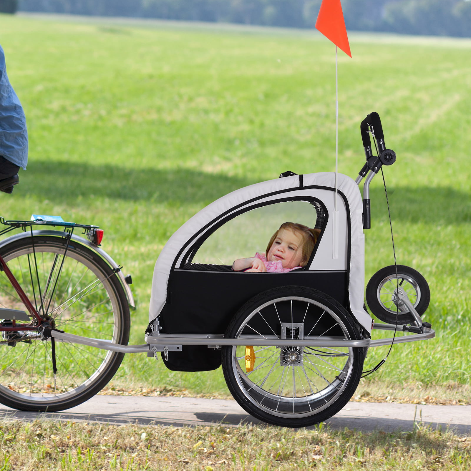 Aosom Elite 2-In-1 Child/ Pet Three-Wheel Bicycle Cargo Trailer & Jogger with 2 Safety Harnesses & Large Storage. White