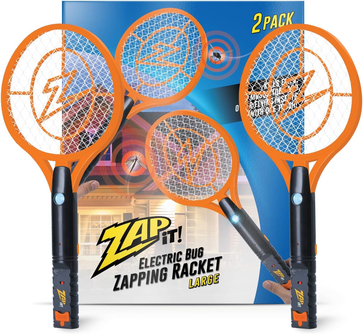 ZAP iT! Electric Fly Swatter Racket & Mosquito Zapper - High Duty 4.000 Volt Electric Bug Zapper Racket - Fly Killer USB Rechargeable Fly Zapper Indoor Safe - 2 Pack (Large. Orange)