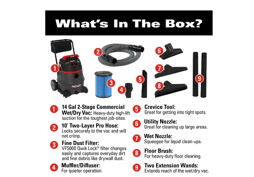 RIDGID RV2400A 14 Gal. 2-Stage Commercial Wet/Dry Shop Vacuum with Fine Dust Filter. Professional Hose and Accessories