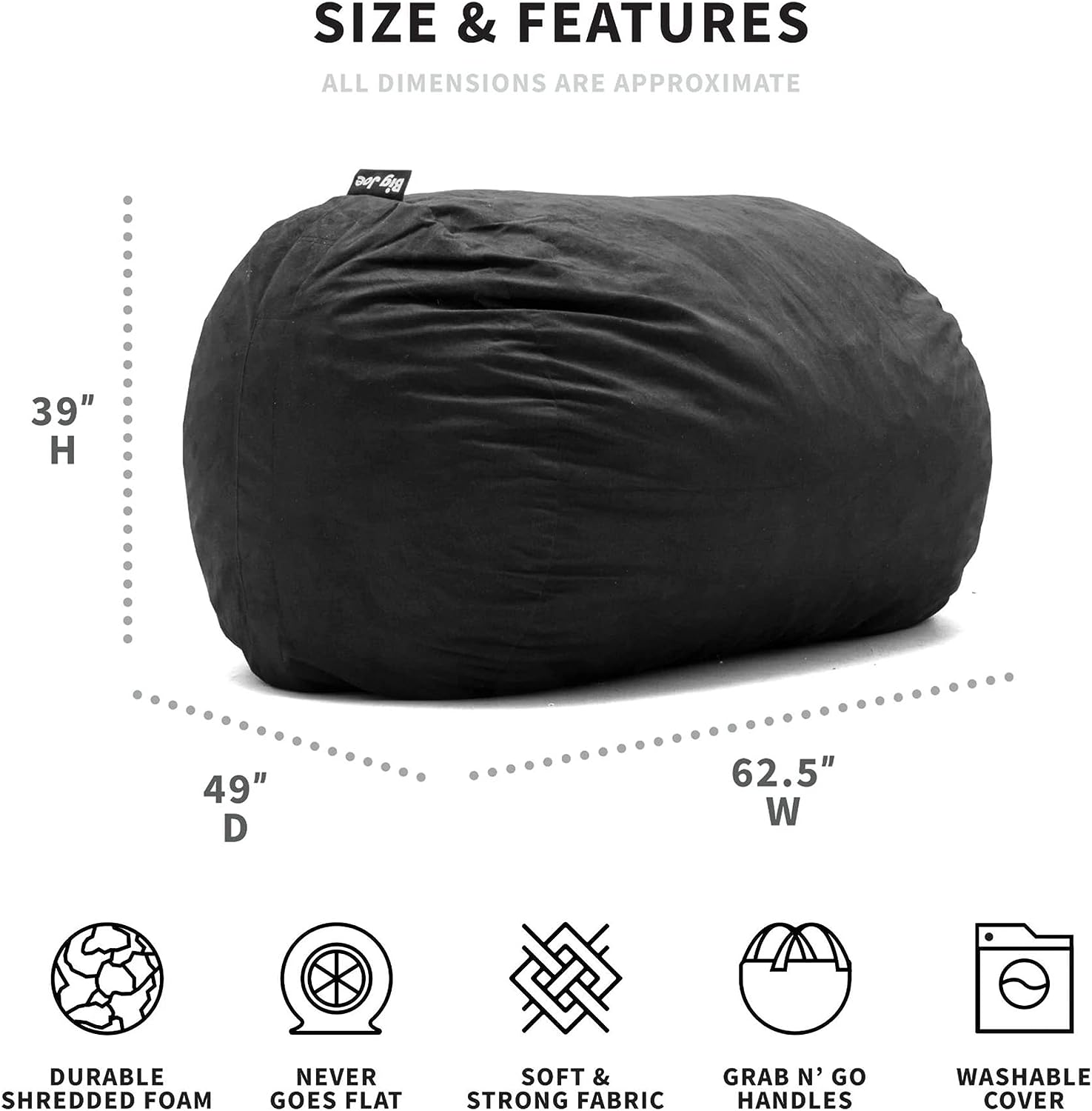 Big Joe Fuf XL Foam Filled Bean Bag Chair with Removable Cover. Black Lenox. Durable Woven Polyester. 5 feet Giant