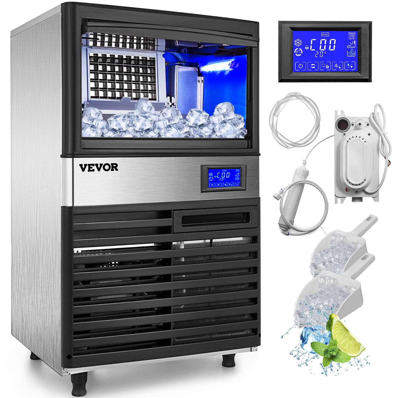 VEVORbrand Commercial Ice Maker 155Lbs/24H With 44Lbs Bin And Electric Water Drain Pump. Clear Cube. Stainless Steel Construction. Auto Operation. Include Water Filter 2 Scoops And Connection Hose