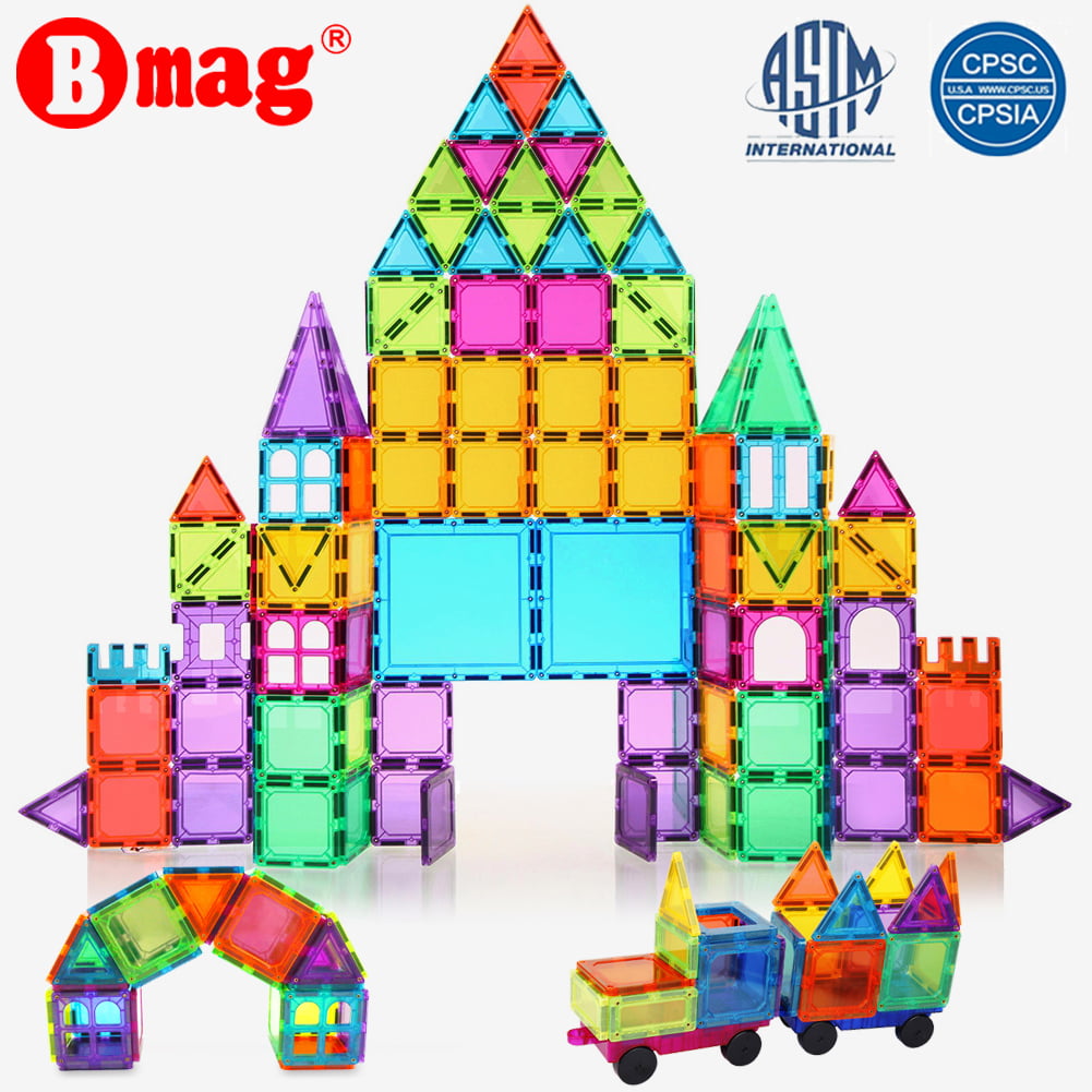 BMAG 120 Pcs 3D Color Magnet Building Tiles. Magnetic Building Blocks Set with 2 Car for Kids